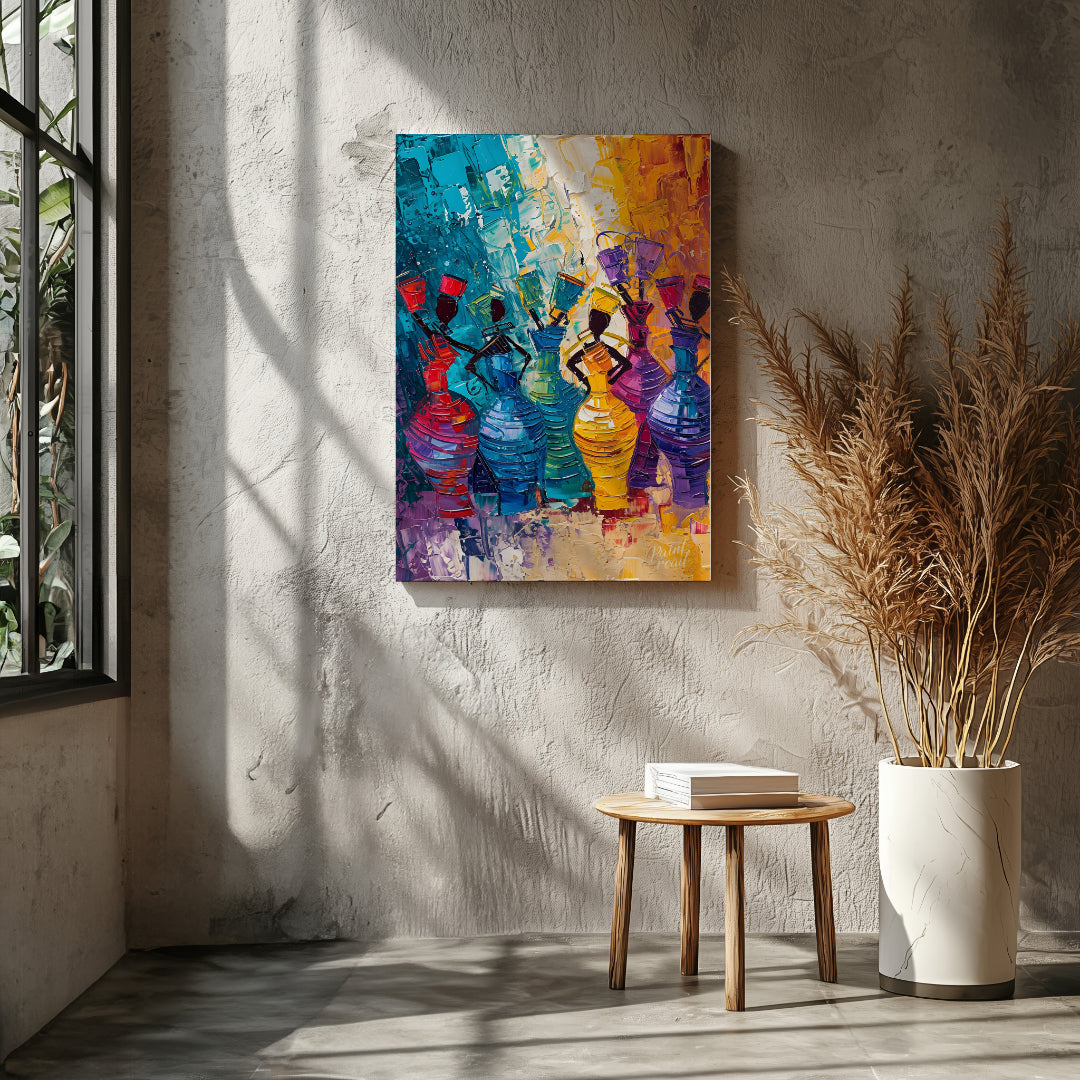 A vibrant and dynamic painting celebrating the rhythm of life and the energy of women. The artist u… for other