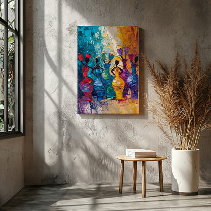 A vibrant and dynamic painting celebrating the rhythm of life and the energy of women. The artist u… for other