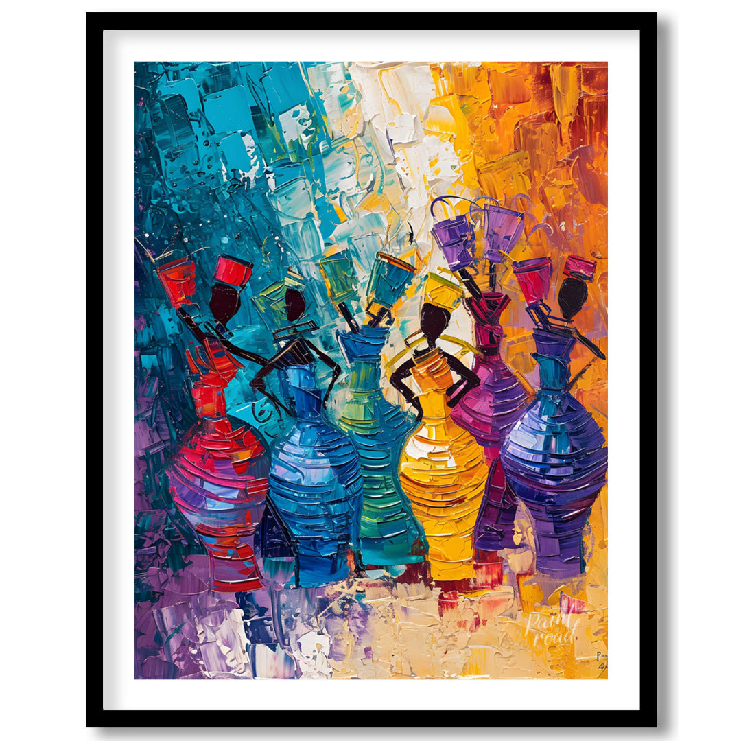 A vibrant and dynamic painting celebrating the rhythm of life and the energy of women. The artist u… for place