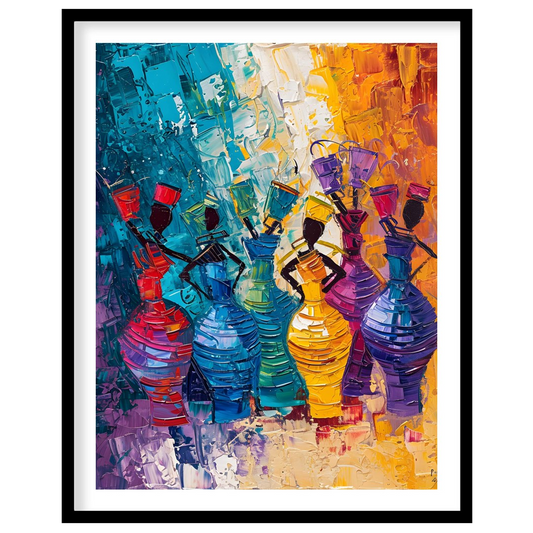 A vibrant and dynamic painting celebrating the rhythm of life and the energy of women. The artist u… for place