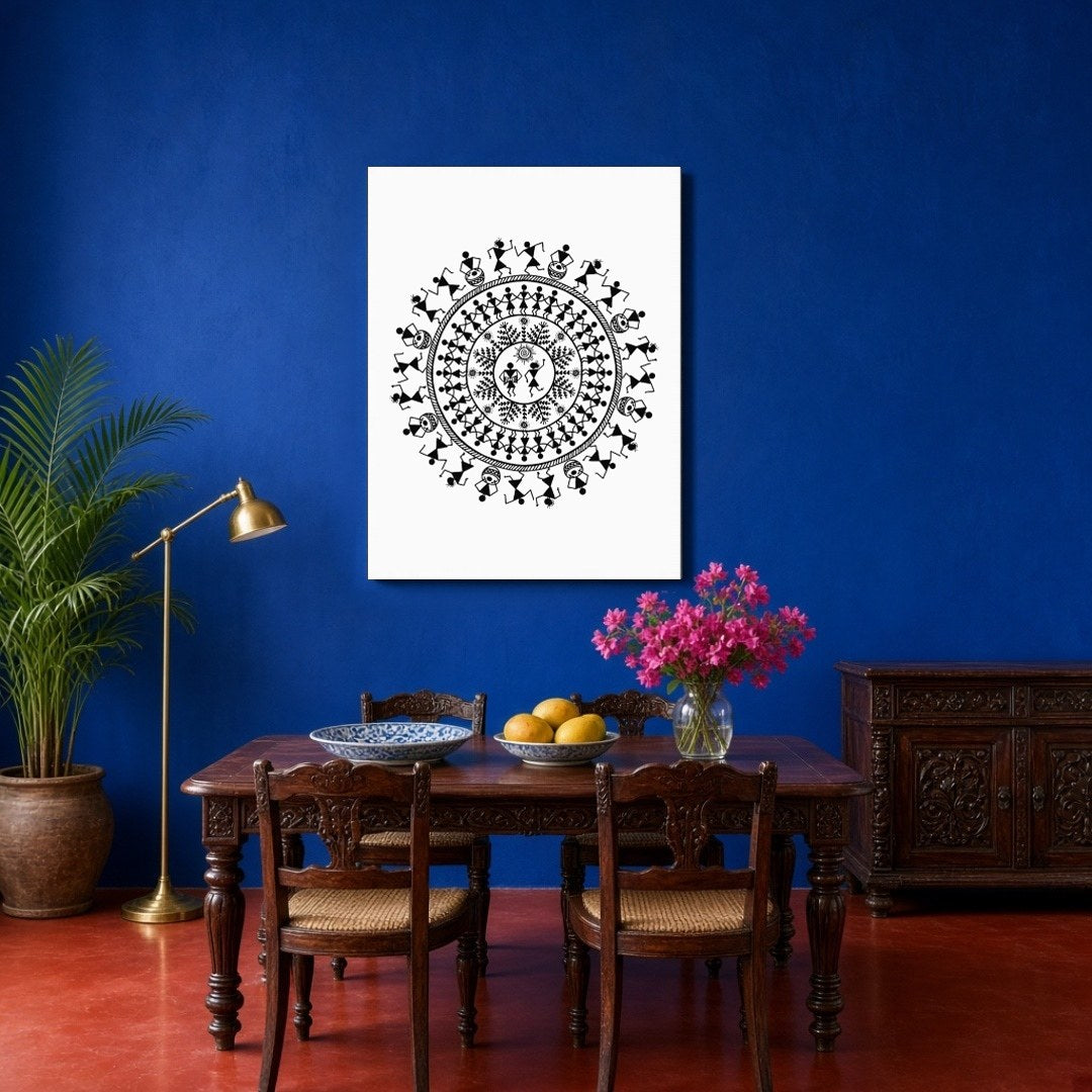 This captivating Warli Art piece showcases the vibrant rhythm of village life through a dance for Dining