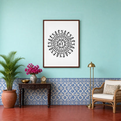 This captivating Warli Art piece showcases the vibrant rhythm of village life through a dance for Entrance