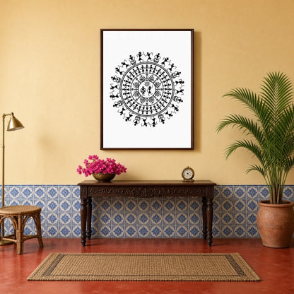 This captivating Warli Art piece showcases the vibrant rhythm of village life through a dance for Hallway
