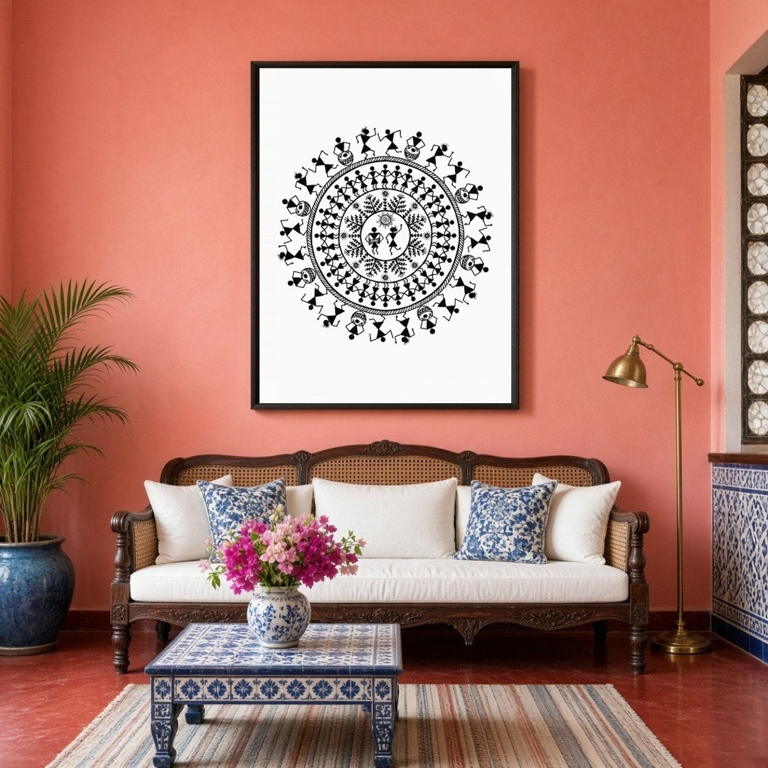 This captivating Warli Art piece showcases the vibrant rhythm of village life through a dance for Living Room