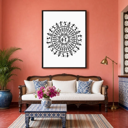 This captivating Warli Art piece showcases the vibrant rhythm of village life through a dance for Living Room