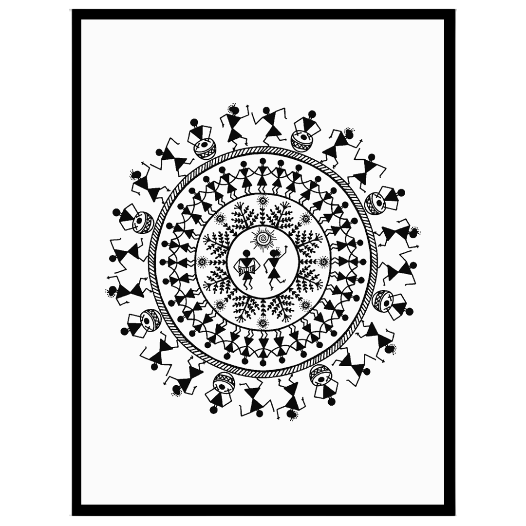 This captivating Warli Art piece showcases the vibrant rhythm of village life through a dance for living-space