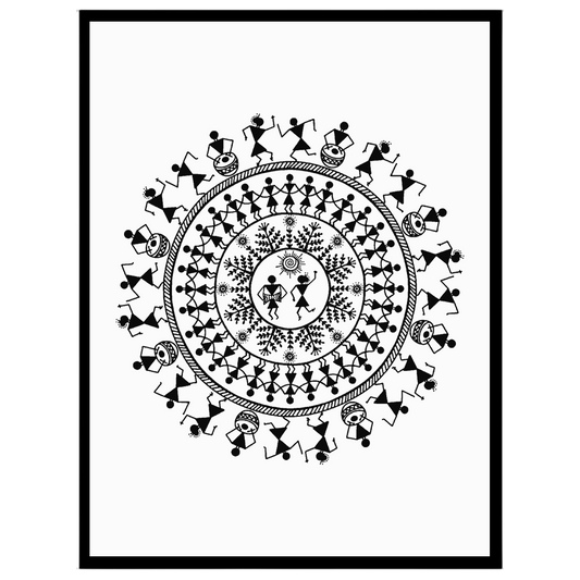 This captivating Warli Art piece showcases the vibrant rhythm of village life through a dance for living-space