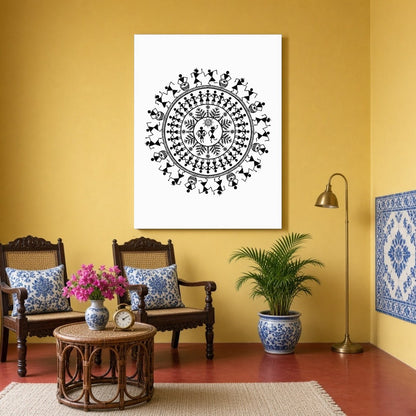 This captivating Warli Art piece showcases the vibrant rhythm of village life through a dance for Sitting Area