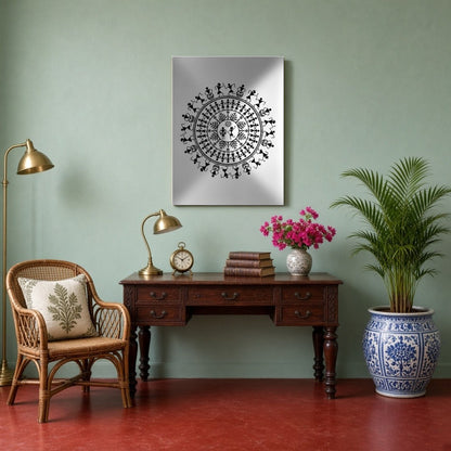 This captivating Warli Art piece showcases the vibrant rhythm of village life through a dance for Study