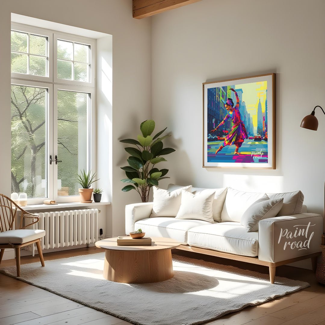 The vivid colors of the dancer's attire, a spectrum of pinks, purples, greens, and golds, stand in … for living room