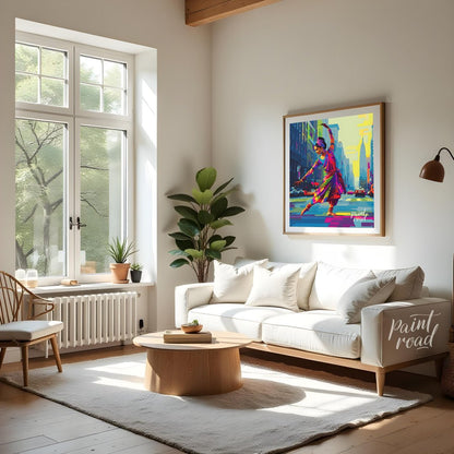 The vivid colors of the dancer's attire, a spectrum of pinks, purples, greens, and golds, stand in … for living room