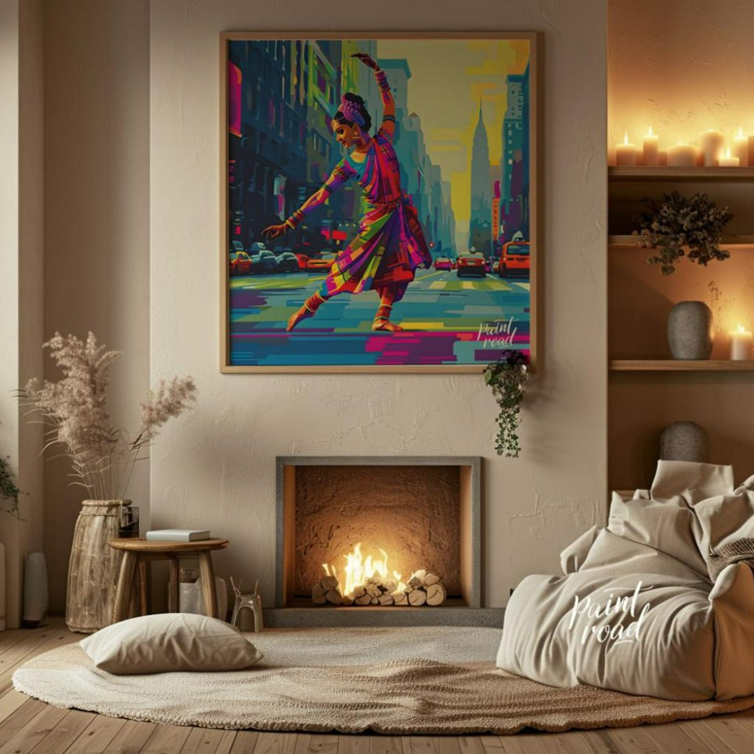 The vivid colors of the dancer's attire, a spectrum of pinks, purples, greens, and golds, stand in … for living room