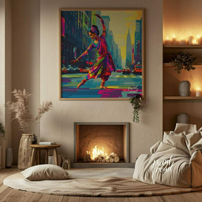 The vivid colors of the dancer's attire, a spectrum of pinks, purples, greens, and golds, stand in … for living room