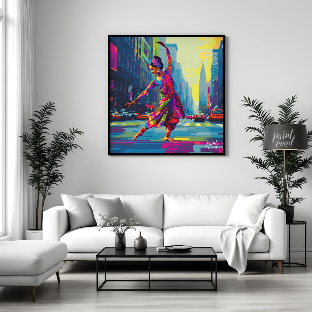 The vivid colors of the dancer's attire, a spectrum of pinks, purples, greens, and golds, stand in … for living room