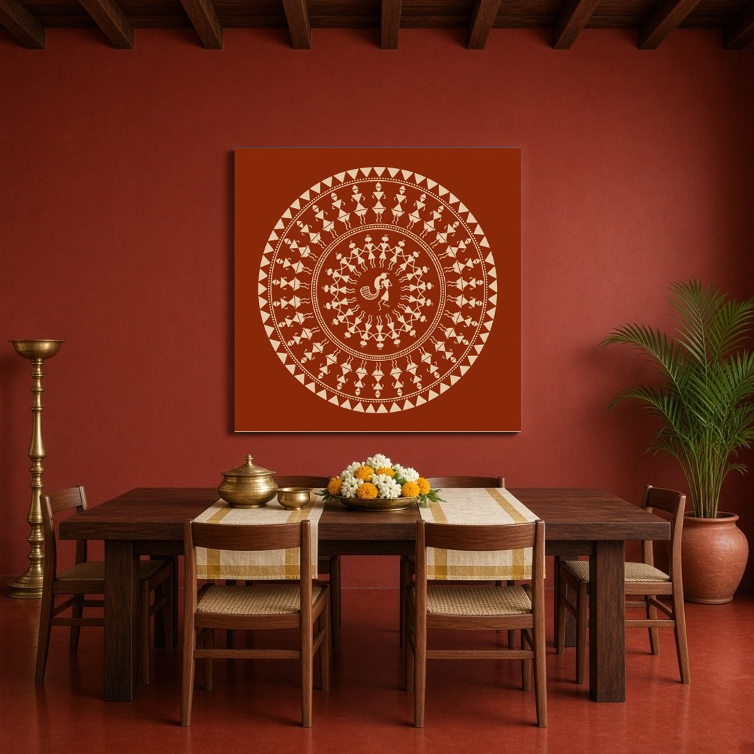 Experience the captivating world of Warli art with this enchanting celebration mandala. Delicately for Dining