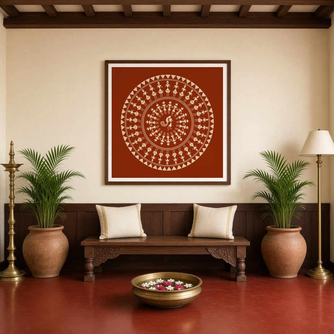 Experience the captivating world of Warli art with this enchanting celebration mandala. Delicately for Entrance