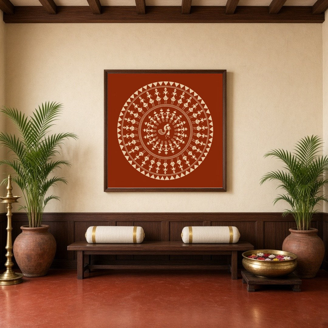 Experience the captivating world of Warli art with this enchanting celebration mandala. Delicately for Hallway