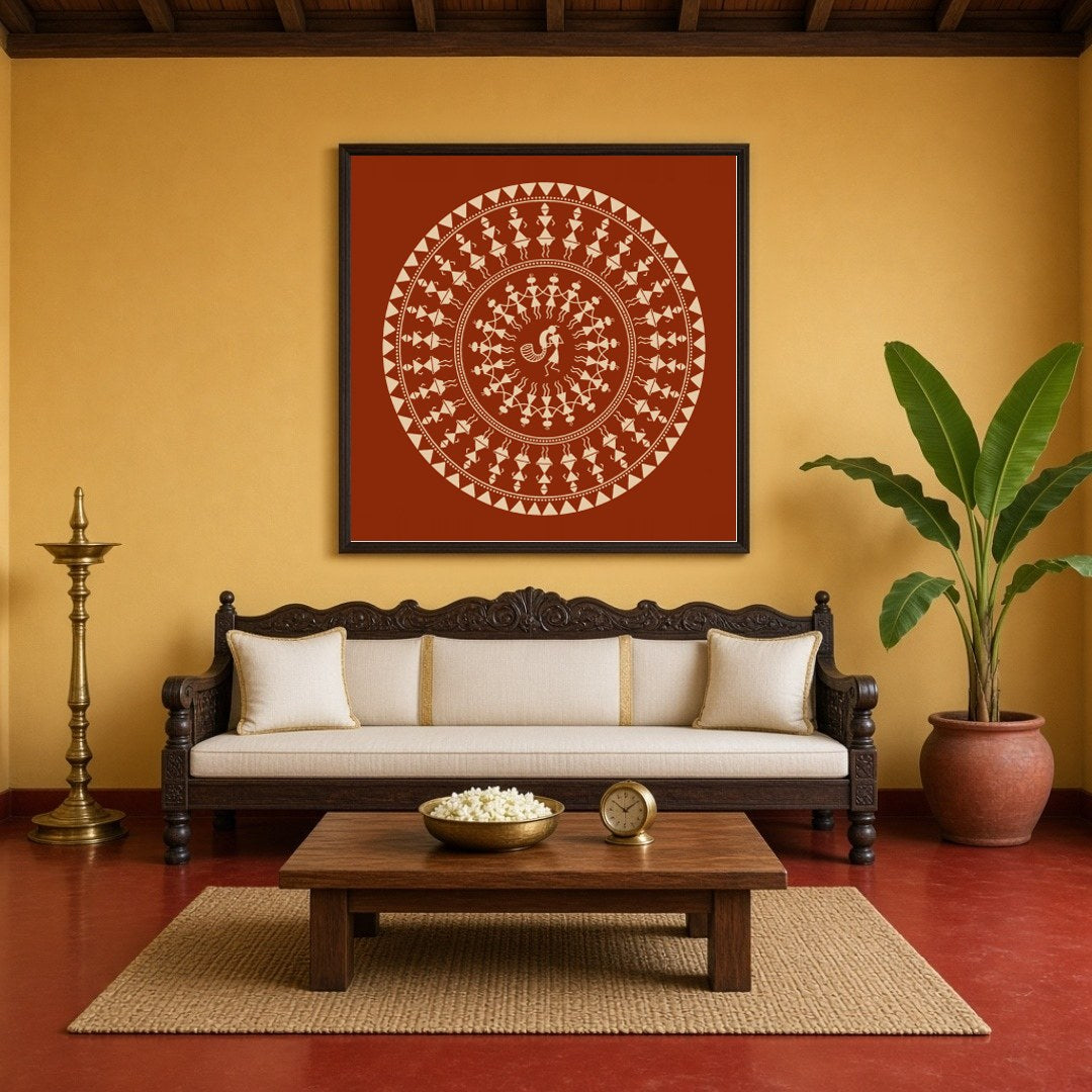 Experience the captivating world of Warli art with this enchanting celebration mandala. Delicately for Living Room