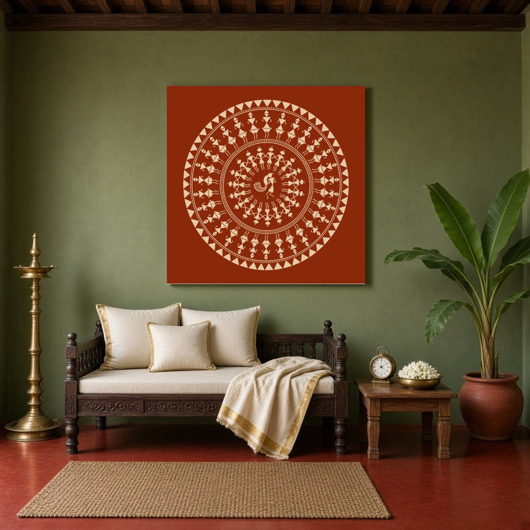 Experience the captivating world of Warli art with this enchanting celebration mandala. Delicately for Sitting Area