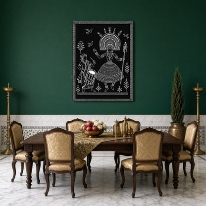 Celebrate the joy of music and movement with this enchanting Warli Art piece. Featuring a divine for Dining