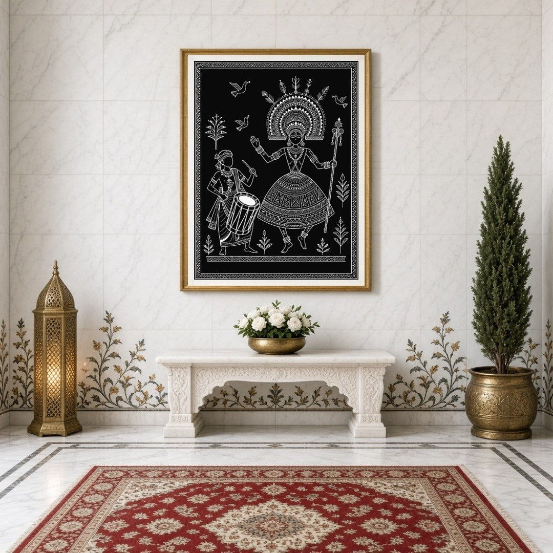 Celebrate the joy of music and movement with this enchanting Warli Art piece. Featuring a divine for Entrance