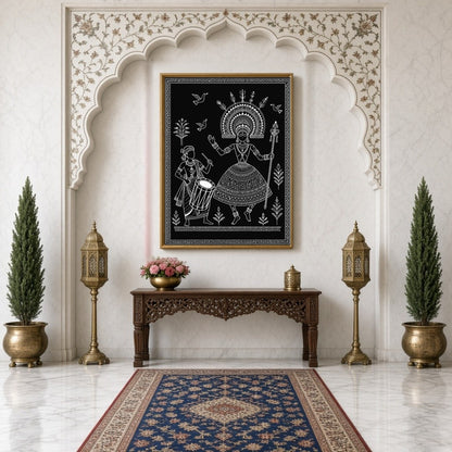 Celebrate the joy of music and movement with this enchanting Warli Art piece. Featuring a divine for Hallway