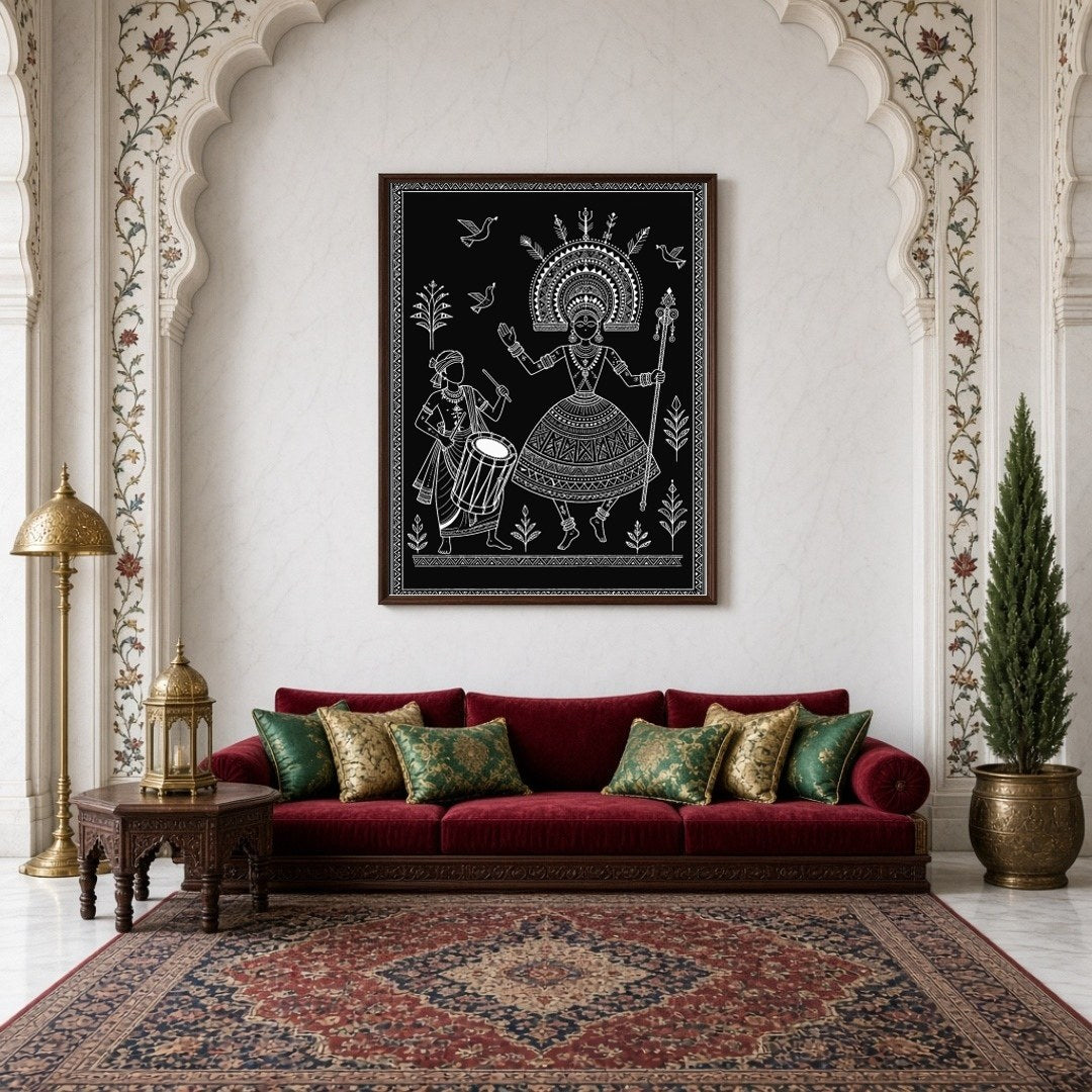 Celebrate the joy of music and movement with this enchanting Warli Art piece. Featuring a divine for Living Room