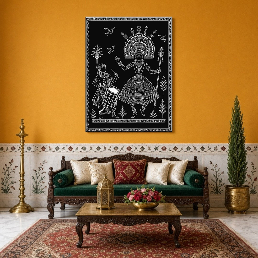 Celebrate the joy of music and movement with this enchanting Warli Art piece. Featuring a divine for Sitting Area