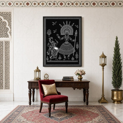 Celebrate the joy of music and movement with this enchanting Warli Art piece. Featuring a divine for Study