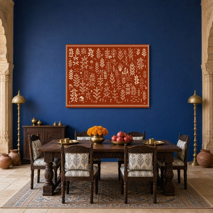 Experience the enchanting dance of foliage and village life with this captivating Warli Art print. for Dining