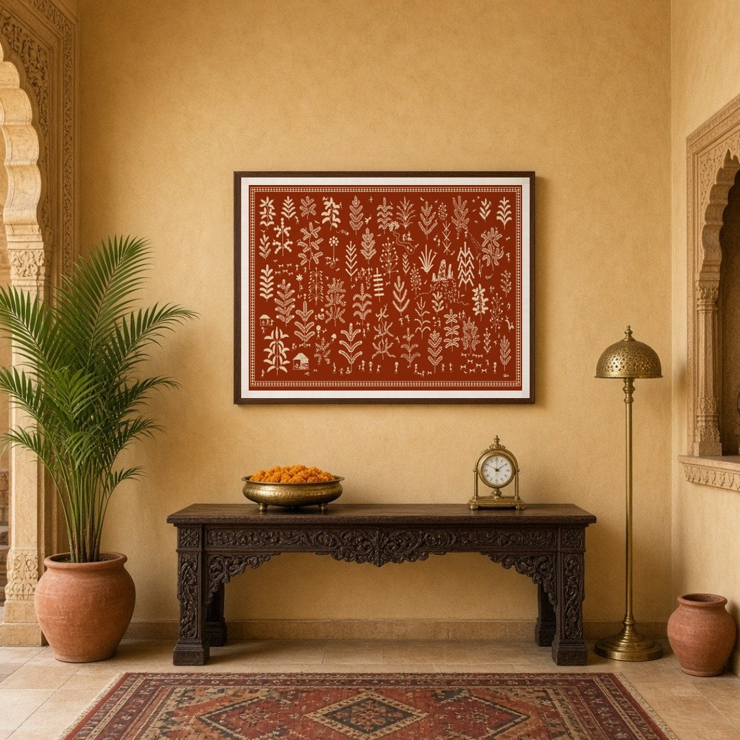 Experience the enchanting dance of foliage and village life with this captivating Warli Art print. for Entrance