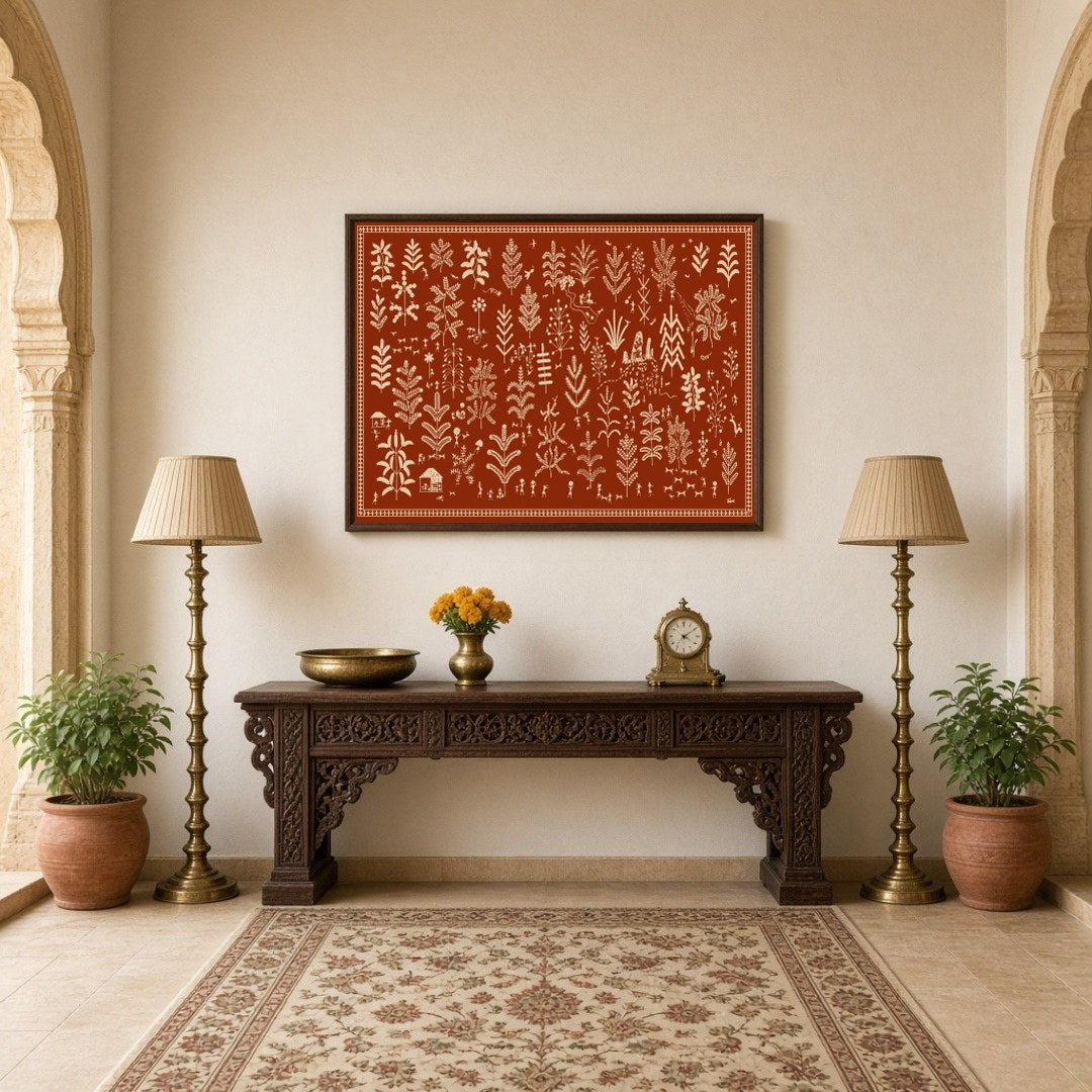 Experience the enchanting dance of foliage and village life with this captivating Warli Art print. for Hallway