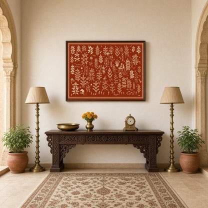 Experience the enchanting dance of foliage and village life with this captivating Warli Art print. for Hallway