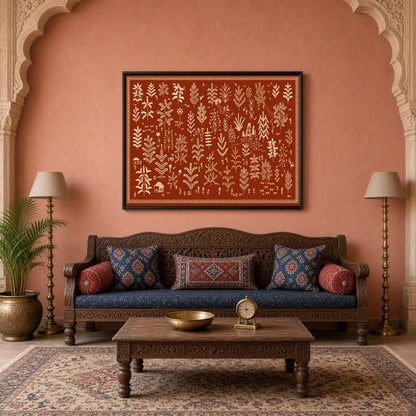Experience the enchanting dance of foliage and village life with this captivating Warli Art print. for Living Room