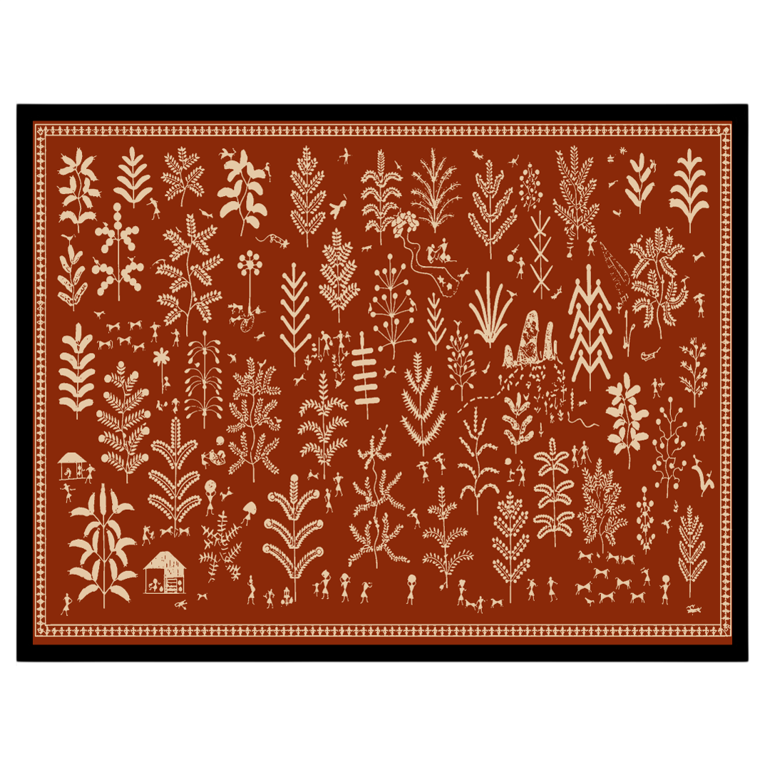 Experience the enchanting dance of foliage and village life with this captivating Warli Art print. for retreat
