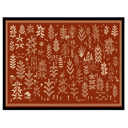 Experience the enchanting dance of foliage and village life with this captivating Warli Art print. for retreat