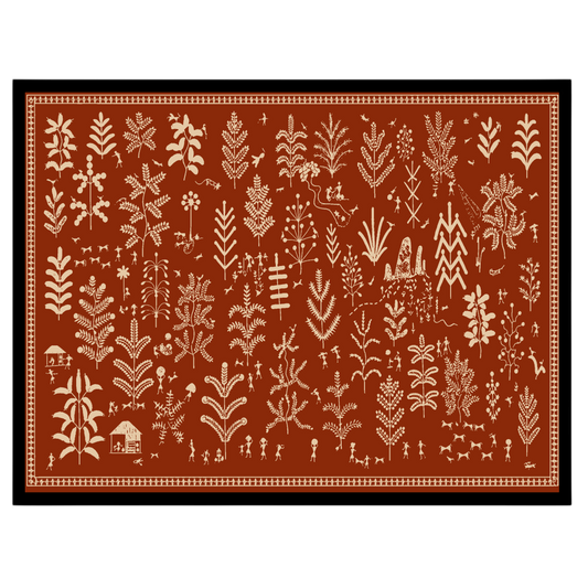 Experience the enchanting dance of foliage and village life with this captivating Warli Art print. for retreat