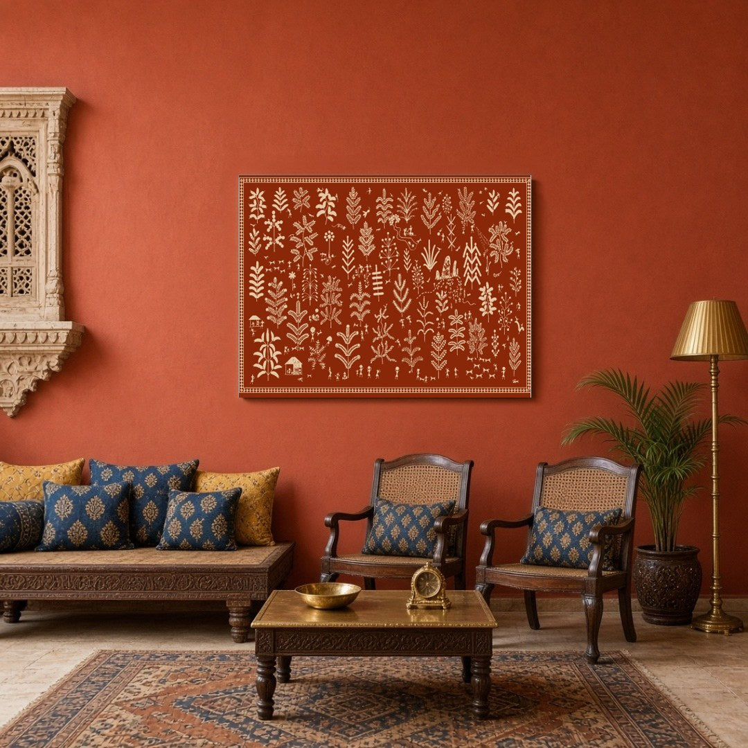 Experience the enchanting dance of foliage and village life with this captivating Warli Art print. for Sitting Area