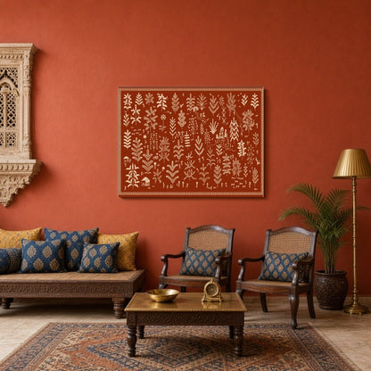 Experience the enchanting dance of foliage and village life with this captivating Warli Art print. for Sitting Area