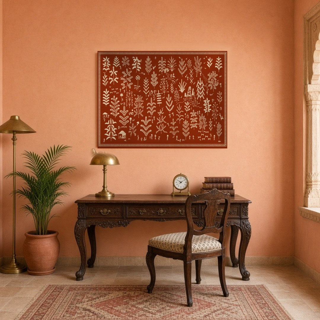 Experience the enchanting dance of foliage and village life with this captivating Warli Art print. for Study