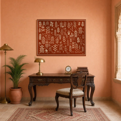 Experience the enchanting dance of foliage and village life with this captivating Warli Art print. for Study