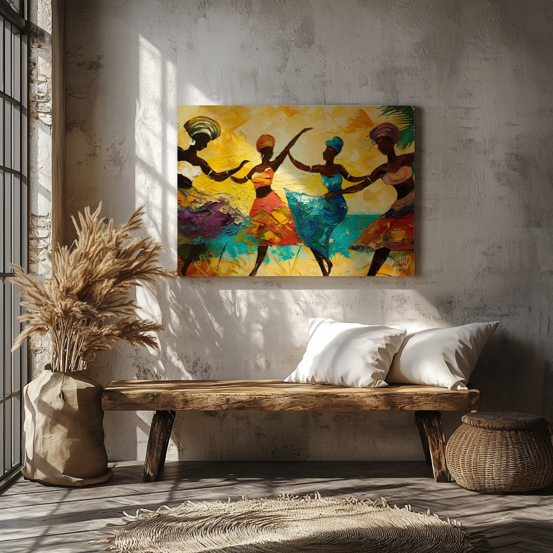 This vibrant impasto painting captures the energy and exuberance of four figures who appear to be w… for entryway