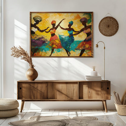 This vibrant impasto painting captures the energy and exuberance of four figures who appear to be w… for living room