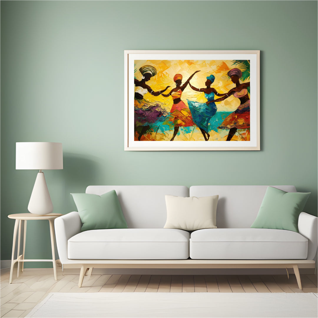 This vibrant impasto painting captures the energy and exuberance of four figures who appear to be w… for living room