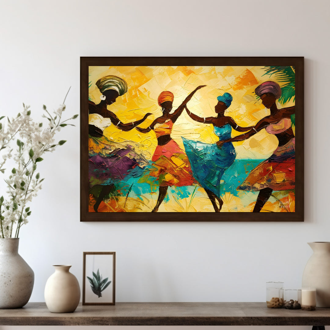 This vibrant impasto painting captures the energy and exuberance of four figures who appear to be w… for living room