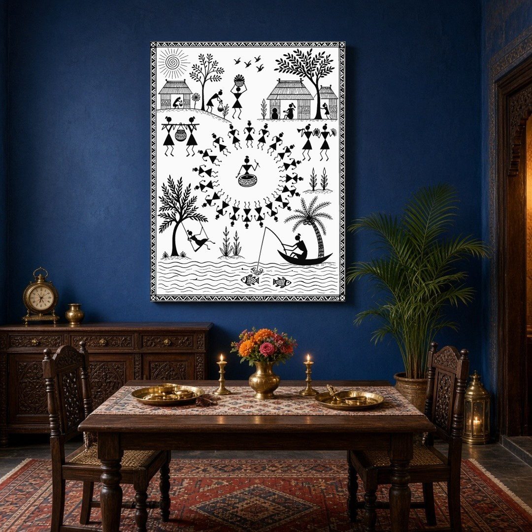 Step into the dynamic world of Warli with this intricate artwork, showcasing a vibrant village for Dining