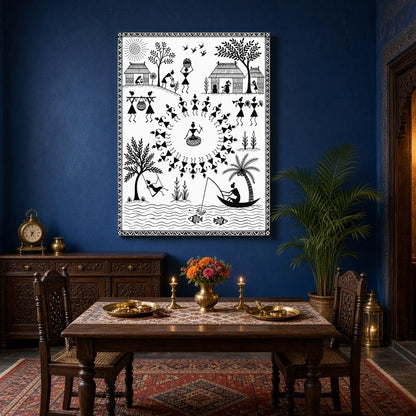 Step into the dynamic world of Warli with this intricate artwork, showcasing a vibrant village for Dining