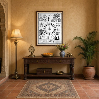 Step into the dynamic world of Warli with this intricate artwork, showcasing a vibrant village for Entrance