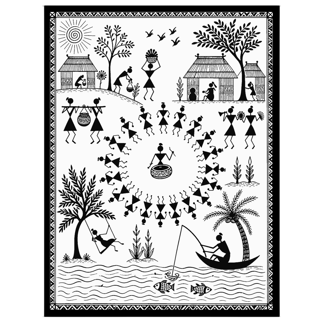 Step into the dynamic world of Warli with this intricate artwork, showcasing a vibrant village for gallery