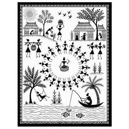 Step into the dynamic world of Warli with this intricate artwork, showcasing a vibrant village for gallery